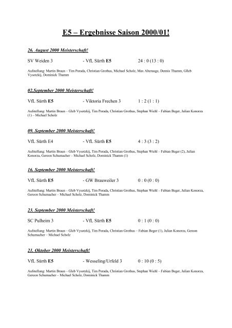 E5 – Ergebnisse Saison 2000/01 - VfL Sürth