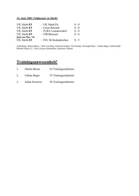 E5 – Ergebnisse Saison 2000/01 - VfL Sürth