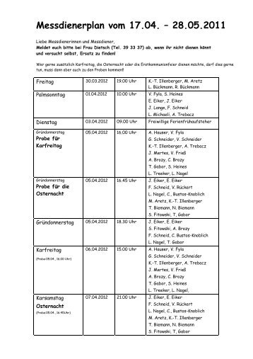 Messdienerplan vom 17.04.
