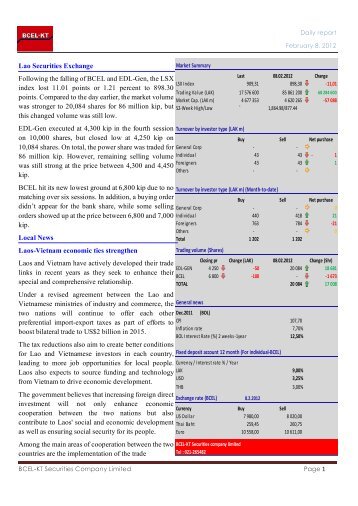 Lao Securities Exchange Following the falling of BCEL ... - BCEL-KT