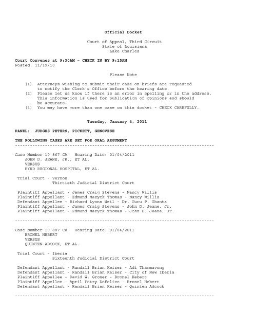 Official Docket Louisiana Third Circuit Court of Appeal Official Docket Louisiana Third Circuit Court of Appeal