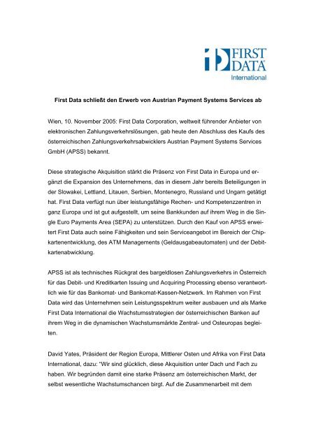 First Data International Erwirbt Von Den First Data Austria