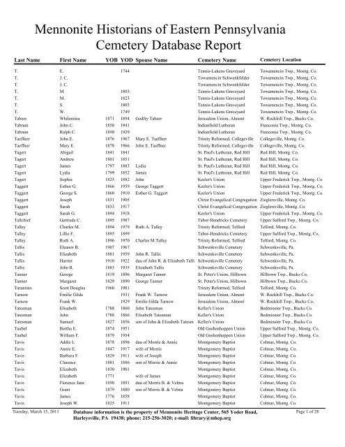 Mennonite Historians of Eastern Pennsylvania Cemetery Database ...