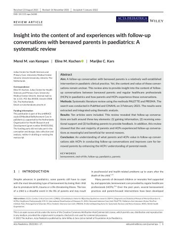 Insight into the content of and experiences with follow-up conversations with bereaved parents in paediatrics. A systematic review