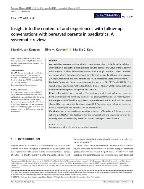 Insight into the content of and experiences with follow-up conversations with bereaved parents in paediatrics. A systematic review