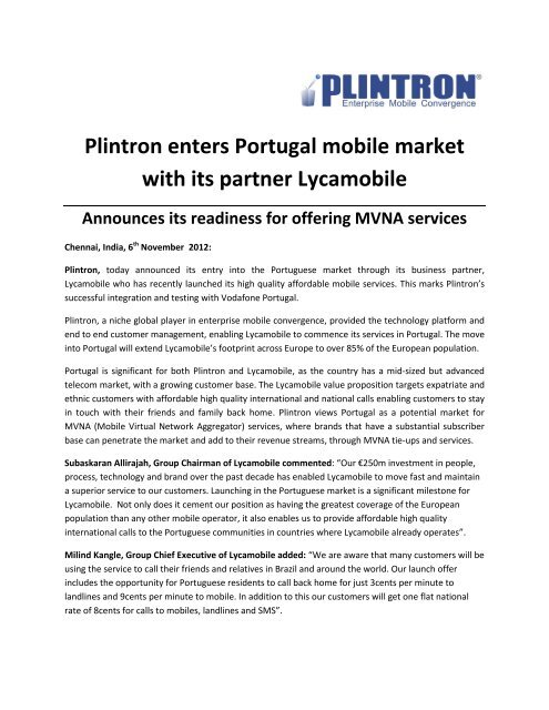 Plintron enters Portugal mobile market with its partner Lycamobile