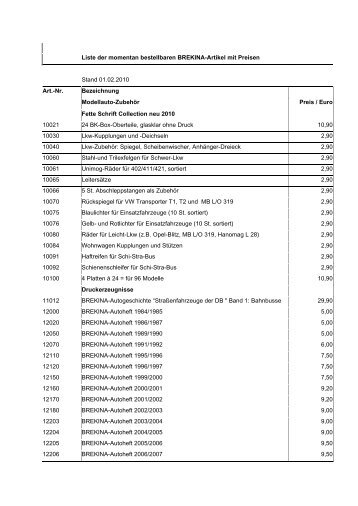 Liste der momentan bestellbaren BREKINA-Artikel mit Preisen ...