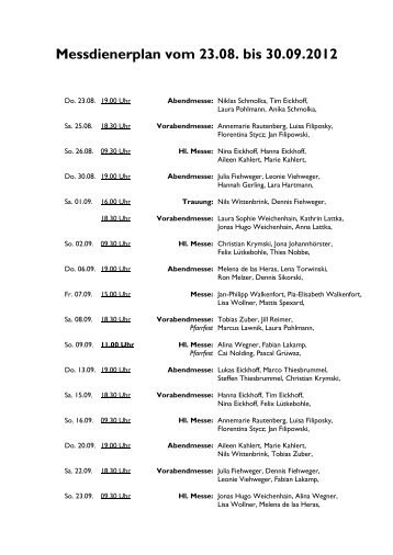 Messdienerplan vom 23.08. bis 30.09.2012