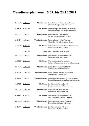 Messdienerplan vom 15.09. bis 23.10.2011