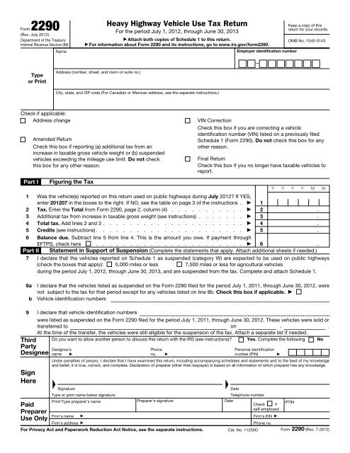 Form 2290 Rev July 12 Internal Revenue Service