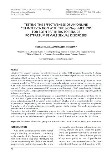 Testing the effectiveness of an online CBT intervention with the S-ONapp method for both partners to reduce postpartum female sexual disorders