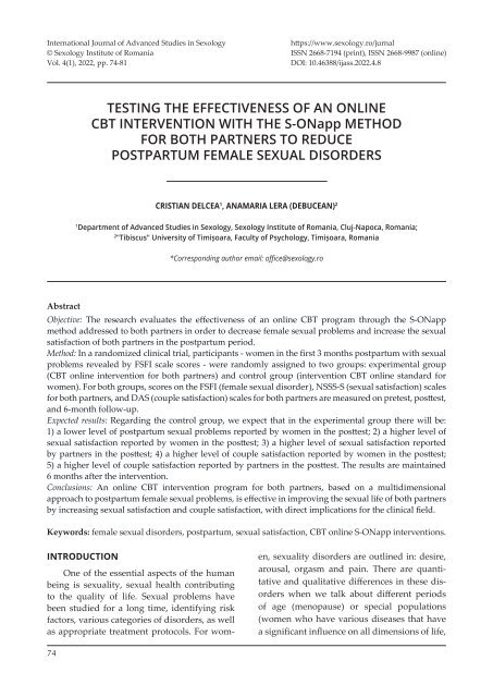 Testing the effectiveness of an online CBT intervention with the S-ONapp method for both partners to reduce postpartum female sexual disorders