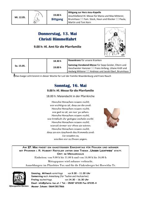 Sonntag, 9. Mai: Muttertag Caritas-Kirchensammlung - Finkenberg
