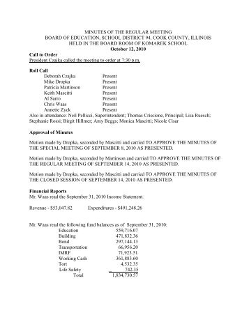 minutes of the regular oct_ 2010 - Komarek School District 94