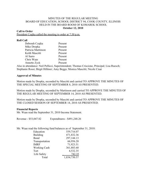 minutes of the regular oct_ 2010 - Komarek School District 94