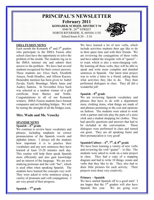 PRINCIPAL'S NEWSLETTER - Komarek School District 94