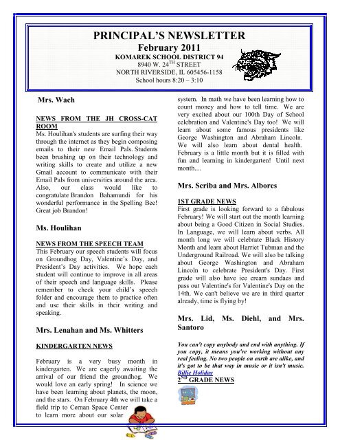 PRINCIPAL'S NEWSLETTER - Komarek School District 94