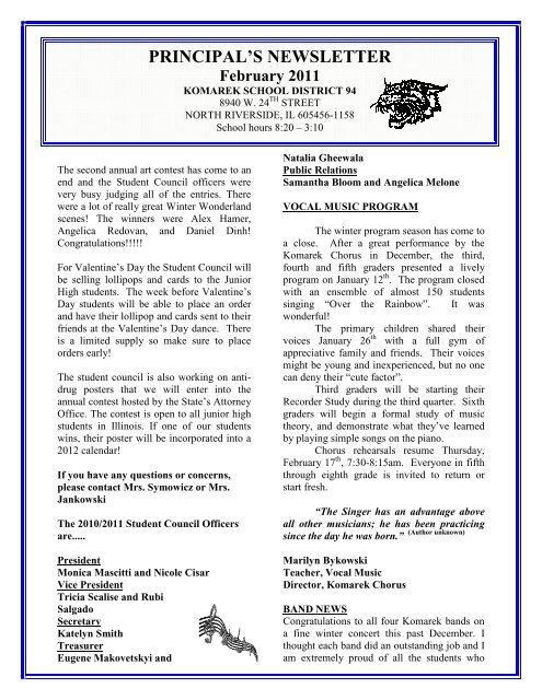 PRINCIPAL'S NEWSLETTER - Komarek School District 94