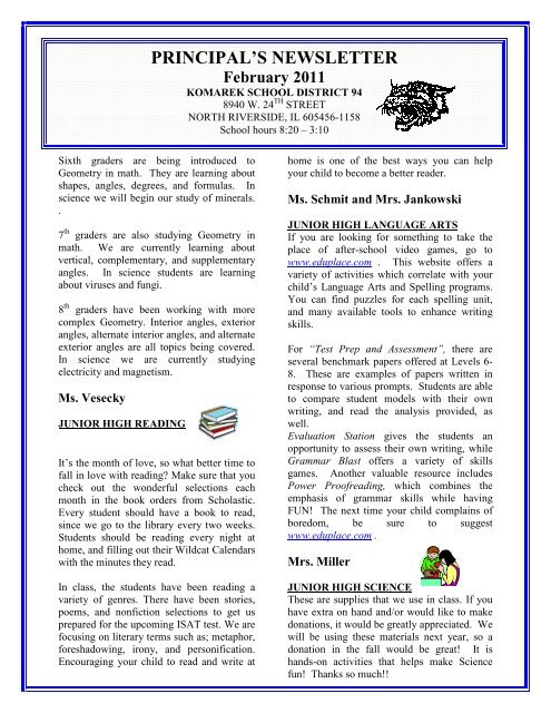 PRINCIPAL'S NEWSLETTER - Komarek School District 94