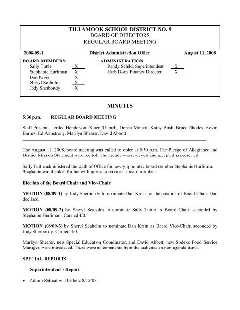 tillamook school district no. 9 board of directors regular board ...