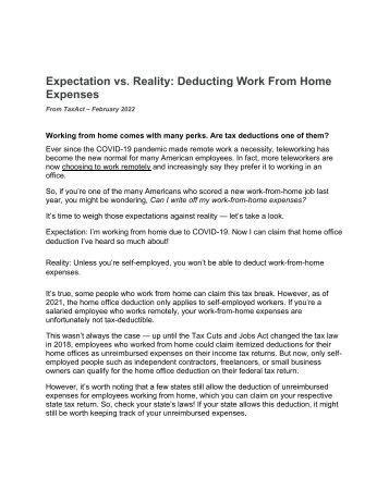 Expectation vs Realty - Deducting Home Office Expense