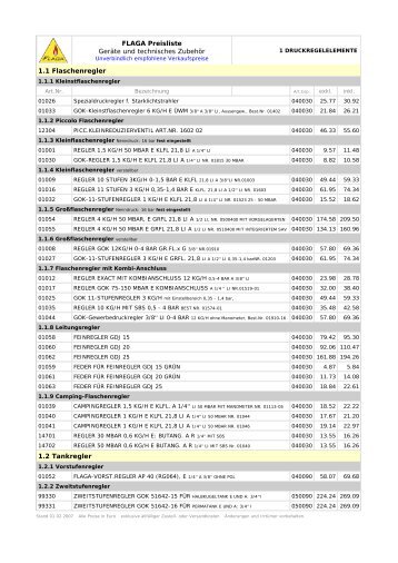 FLAGA Preisliste Geräte und technisches Zubehör 1.1 Flaschenregler