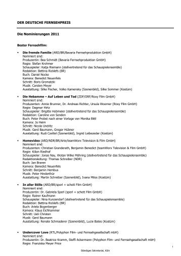 Liste der Nominierungen 2011 mit Details - Deutscher Fernsehpreis