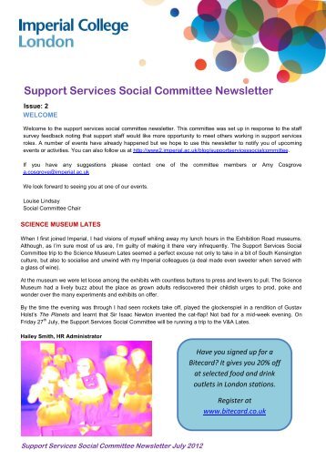 Support Services Social Committee Newsletter - Imperial College ...