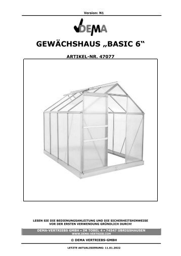 47077 Gewächshaus Basic 6 Bedienungsanleitung Aufbauanleitung