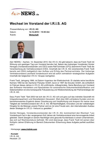 Wechsel im Vorstand der IRIS AG - fair-NEWS.de