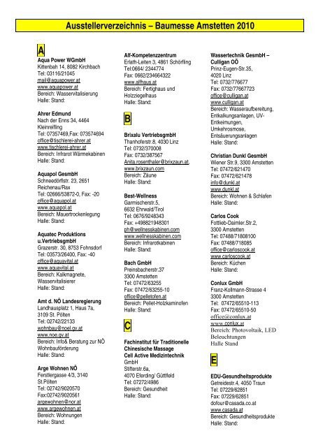Ausstellerverzeichnis – Baumesse Amstetten 2010
