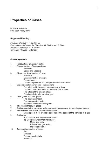 Properties Of Gases Claire Vallance