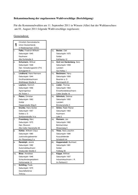 Kommunalwahlen am 11. September 2011 - Gemeinde Winsen (Aller)