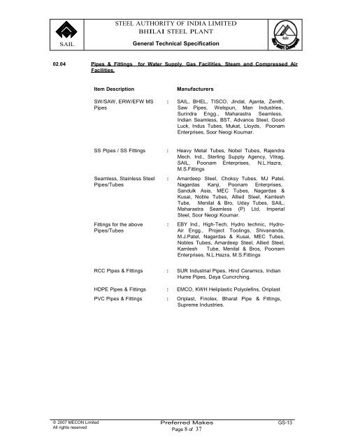 general specification for preffered makes (gs – 13) - Engineering ...