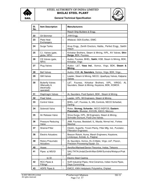 4 General Technical Specification of Bhilai Steel Plant, SAIL ...