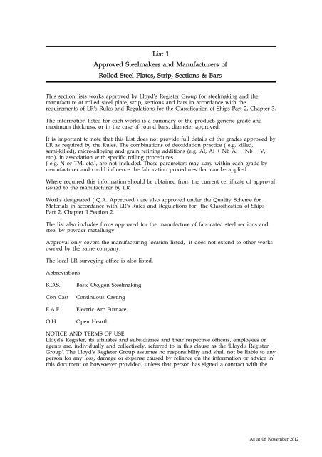 List 1 Approved Steelmakers And Manufacturers Of Lloyd S Register