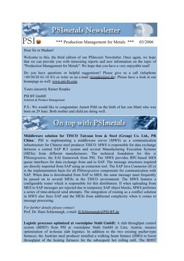 Newsletter 03/06 - PSI Metals GmbH