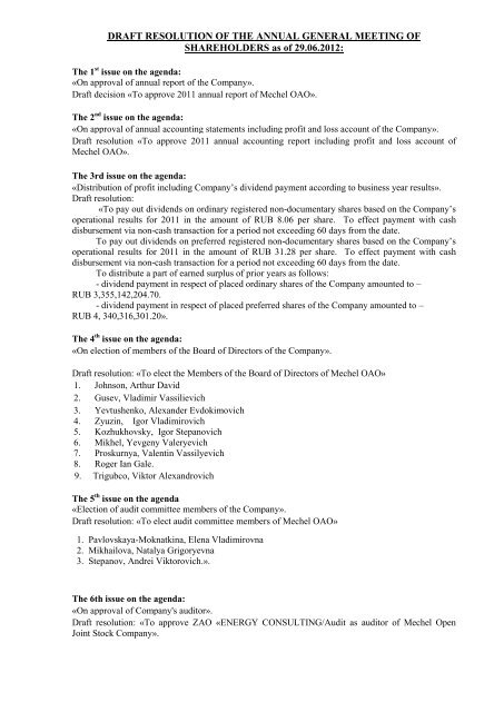DRAFT RESOLUTION OF THE ANNUAL GENERAL ... - Mechel