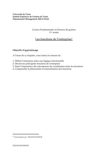 Les fonctions de l'entreprise - Institut Supérieur de Gestion de Tunis