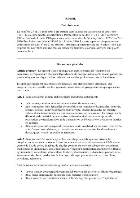 Tunisie Code Du Travail La Loi N 66 27 Du 30 Avril 1966 A Vertic