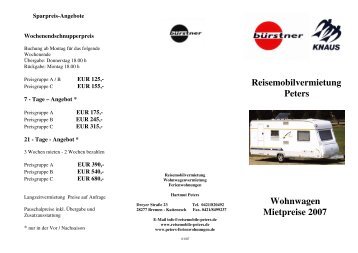 Reisemobilvermietung Peters Wohnwagen Mietpreise 2007