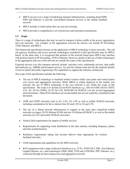 MPLS in Mobile Backhaul Networks Framework and Requirements ...