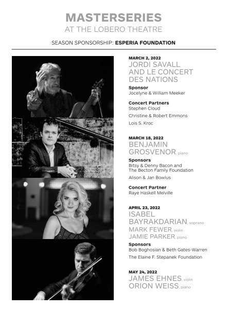 Saturday, April 23, 2022 ⳼ Isabel Bayrakdarian, soprano ⳼ Mark Fewer, violin ⳼ Jamie Parker, piano ⳼ Masterseries at the Lobero Theatre ⳼ CAMA