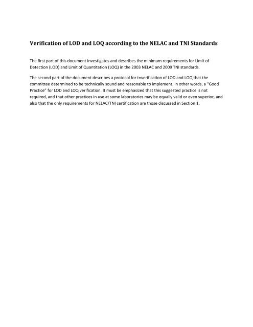 Verification of LOD and LOQ according to the NELAC and TNI ...