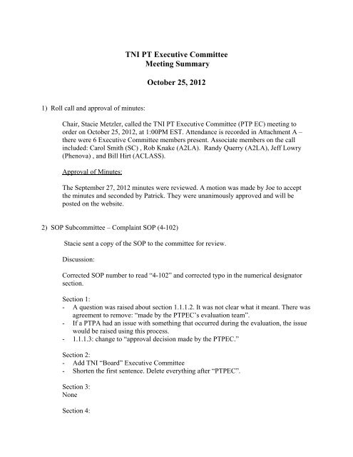 TNI PT Executive Committee Meeting Summary October 25, 2012