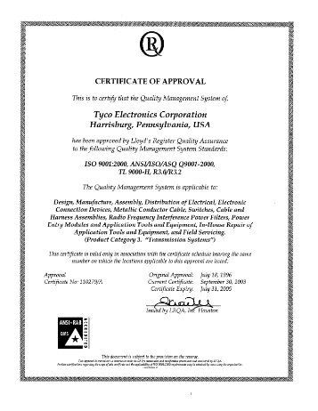 Americas Enterprise Certificate - ISO 9001 - Tyco Electronics