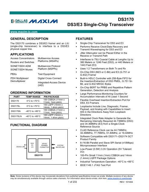 DS3170 DS3/E3 Single-Chip Transceiver