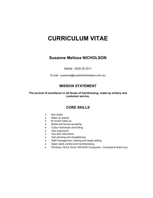 CURRICULUM VITAE Susanne Melissa NICHOLSON