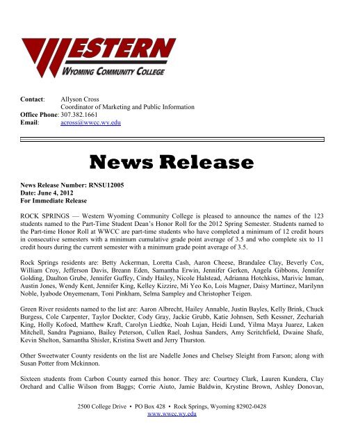 News Release - Western Wyoming Community College