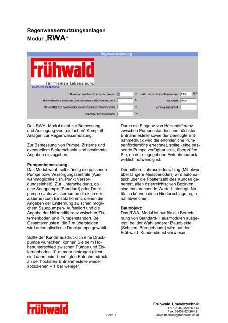 Regenwassernutzungsanlagen Modul „RWA“ - Frühwald